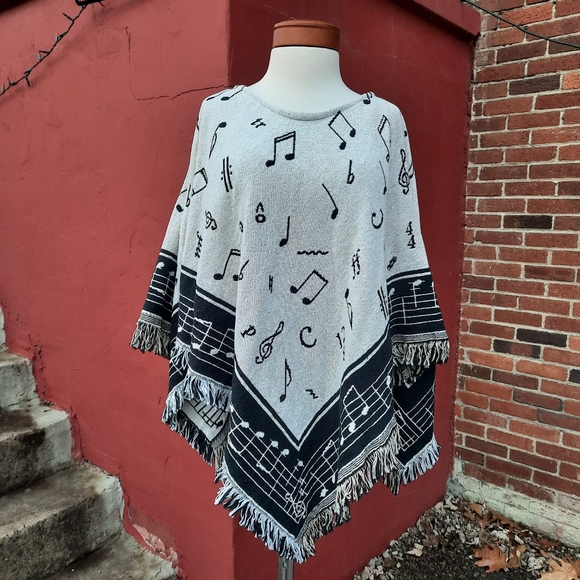 Vintage 90's Tapestry Blanket Throw Coat Poncho Cape Music Notes Fringe Novelty - Picture 3 of 13
